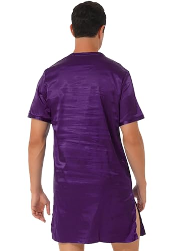Linjinx Men's V Neck Silk Satin Nightshirt Loose Short Sleeve Soft Pull-Over Nightgown Night Shirts2