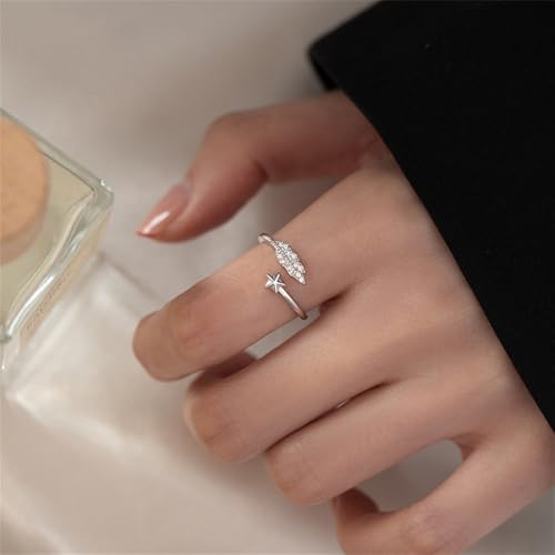 CZ Leaf Star Stacking Statement Ring for Women Silver Plated Adjustable Expandable Crystal Celestial Open Wrap Finger Rings Comfort Fit Fashion Promise Holiday Party Jewelry Gift3