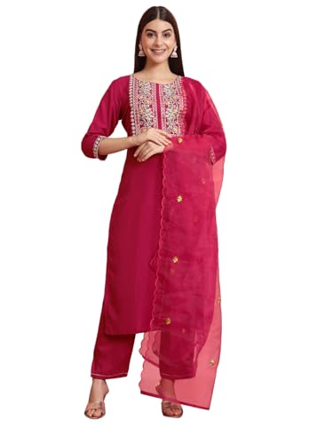 Image of VredeVogel Women's Silk Blend Embroidered Kurta with Pant & Dupatta Set