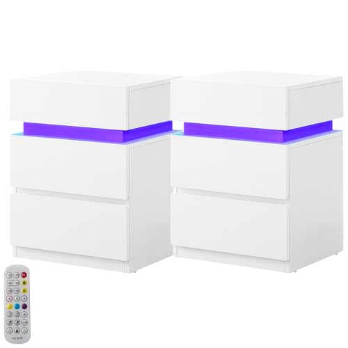 Marctani Mesillas de Noche LED Modernas - Mesita de Noche Blanca con 16 Colores de Luz, 2 Cajones + 1 Cajon Oculto - Mesa de Noche Dormitorio Estrecha con Guardamovil Mesitas de Noche Pack 2