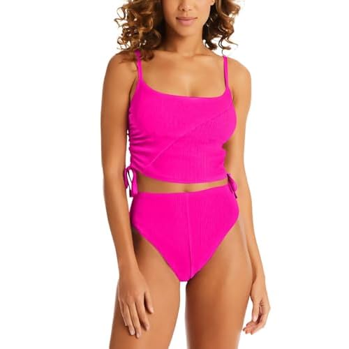 Pink Queen Women's 2 Piece Swimsuit Scoop Neck Ribbed Drawstring Ruched Crop Top High Waisted Bikini Sets Bathing Suit Large Rose Red