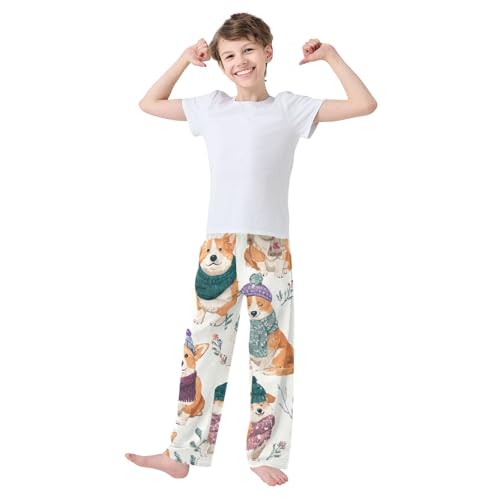 Corgi Dog and Winter Florals Boys Long Pants Soft Trousers Elastic Waist Kids Lounge Bottoms with Pockets S-XL3