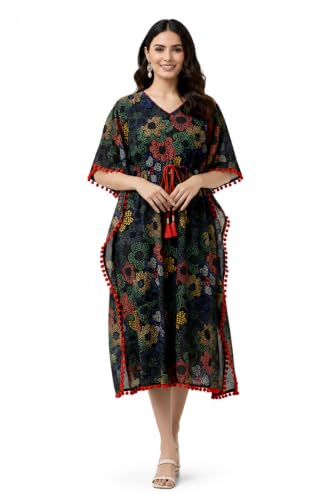 Image of Yash Gallery Womens Cotton Printed Kaftan Midi Dress Ethnic Wear