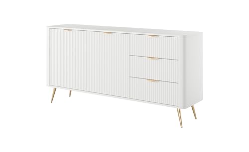 3E 3xE living.com Cómoda: 3 cajones, 2 Puertas, Blanca, 163,2 x 38 x 81,2 cm, frentes Redondeados y estriados.