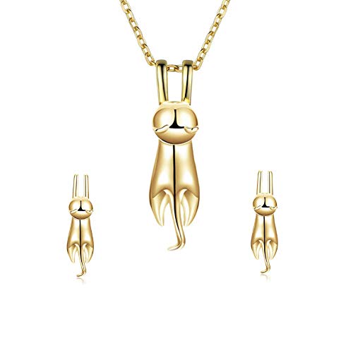 ISAACSONG.DESIGN Sterling Silver Cat Kitty Jewelry Set - Cat Lovers Necklace, Earrings, Bracelet, Ring Set for Women