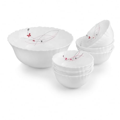 Image of Cello Lush Fiesta Dazzle Series Opalware Pudding Bowls Set of 7 Pieces White | 6 x 180ml Veg Bowls, 1 x 790ml Serving Bowl, Leadfree Microwave Safe Opal Glass Bowls Crockery Set for Dining & Gifting