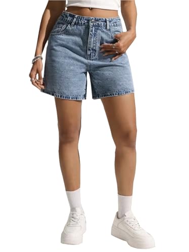 Image of Nifty Women's Denim Stretchable Relaxed Fit Shorts|| Back Pocket Bow Tie Detail