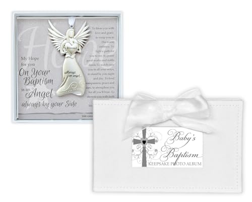 Baptism Gift Set for Girl or Boy - Baptism Angel with Sentiment and Baptism Photo Album - Unique Baptism Keepsake