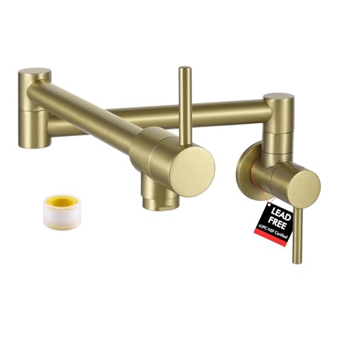 Kes KN926LF-BZ-191024 Kitchen Gold Pot Filler Folding Faucet Brass Double Joint Swing Arm Sink Faucet Articulating Wall Mount Two Handle Brushed Gold cover
