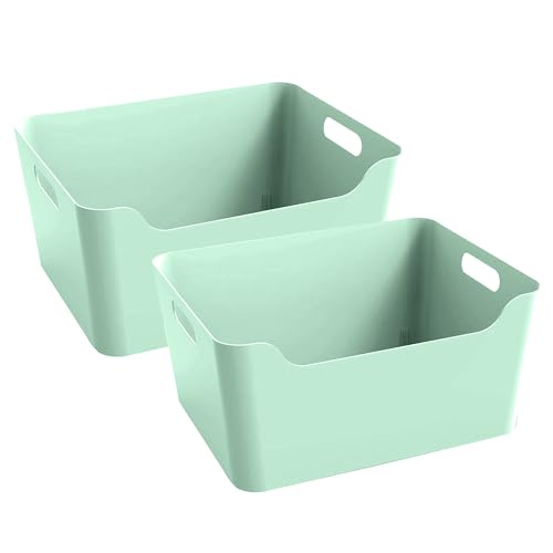 Image of KOLORR Jolly Plastic XL Baskets with Handle for Storage Box| Multipurpose Light Weight Plastic Baskets organiser for Clothes Toys Stationary Cosmetics Livingroom Bathroom | Pack of 2 - Mint
