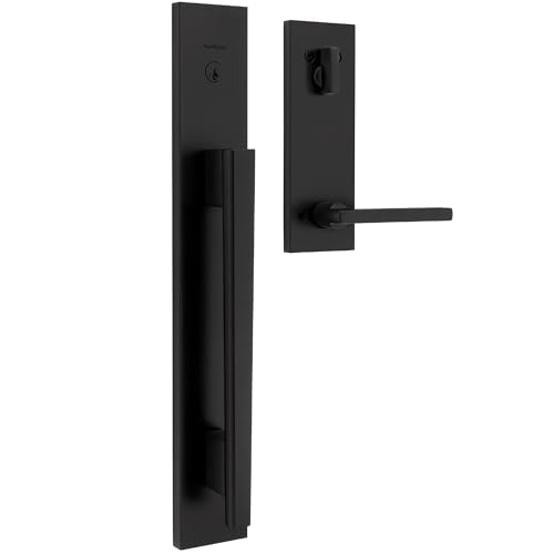 Image of Kwikset Caerus Front Door Lock Handle and Deadbolt Set, Entry Handleset Exterior with Interior Lever, Matte Black, SmartKey Re-Key Security, with KwikSlide, Door Handle Backplate Full Escutcheon