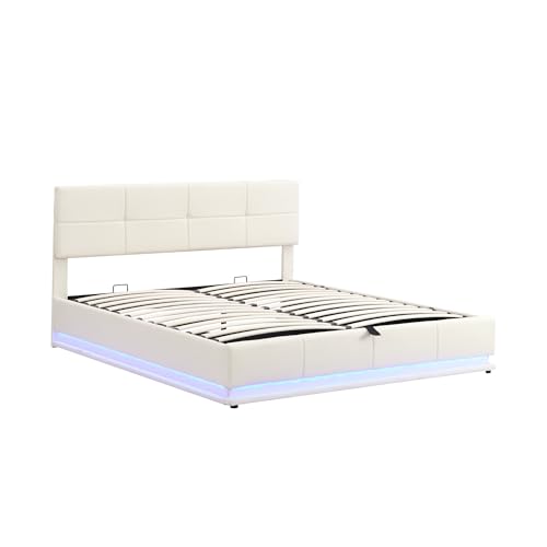 VSOGA Cama tapizada de 180 x 200 cm con iluminación LED y espacio de almacenamiento hidráulico elevable de cama, caja de cama y somier, funda de piel sintética, cama doble para adultos, color beige