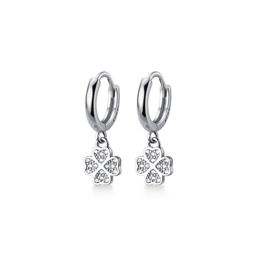 SLUYNZ 925 Sterling Silver CZ Clover Hoop Earrings Dangle for Women Teens Lucky Clover Leaf Huggie Earrings Flower Drop