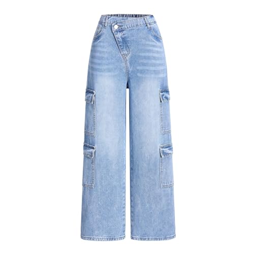 Tween Girls Cargo Jeans Elastic Waistband Wide Leg Y2K Pants with Multiple Pockets Baggy Denim Pants for Teens Girls4