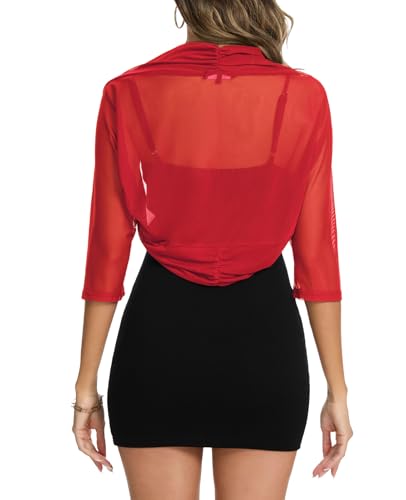 Image of MINTLIMIT Women's Elegant Sheer Mesh Shrug Bolero Batwing 3 /4 Sleeve Open Front Cropped Cardigan Shrugs for Evening Dress