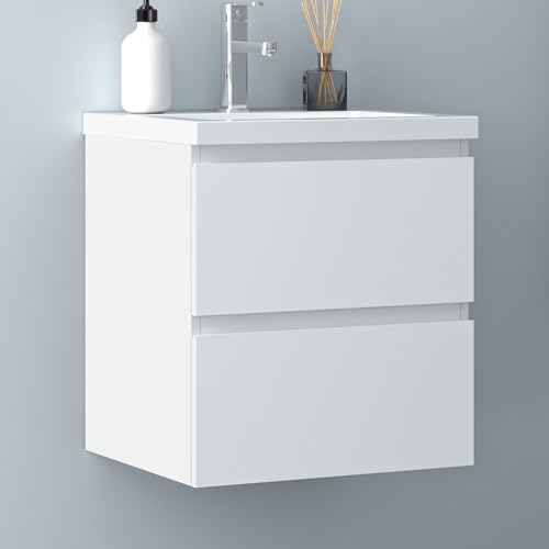 Biubiubath Badezimmermöbel 50cm Mineralguss Waschtisch mit Unterschrank Badmöbel Set Badezimmerschränke mit 2 Soft-Close Schubladen Weiß Matt
