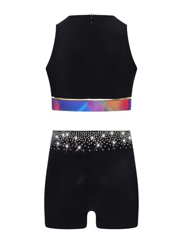 Girls Sparkly 2 Pcs Dance Outfit Rhinestone Sleeveless Crop Top with Shorts Gymnastics Sports Sets4