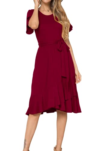 levaca Women Plain Casual Swing Ruffle Midi Dress with Belt Wine M