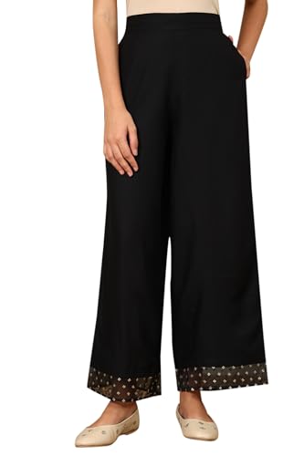 Image of Black Solid Rayon Parallel Pants with Embellished Organza Hemline