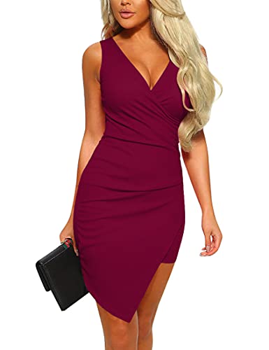 Mizoci Women's Basic Casual Sleeveless Ruched Dresses Asymmetric Hem Bodycon Mini Sexy Party Dress,X-Large,Wine Red #TOP1