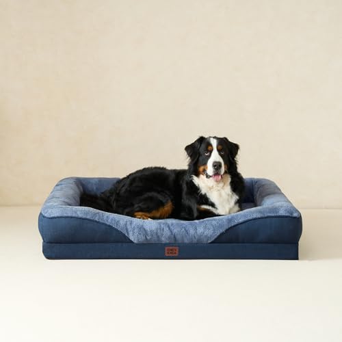 EHEYCIGA Orthopädisches Hundebett Mittelgroße Hunde, 91x68x17.5cm, Memory Foam Waschbar und Wasserdicht Hundekorb mit 4 Rändern, Hundesofa Hundecouch rutschfest, Marineblau