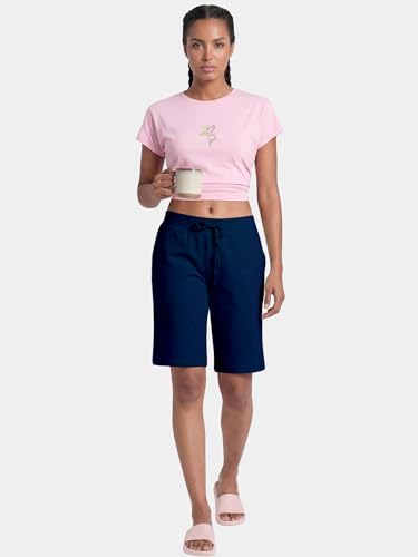 Image of Enamor Mid Rise Knee Length Drawstring Closure City Shorts for Women - Slim Fit, Soft and Breathable Cotton - E044