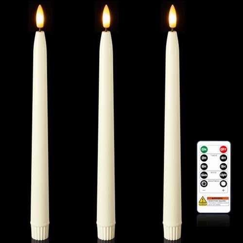 Image of Homemory 11 inches Waxy Flameless Taper Candles with Remote Timer Dimmer, 3 Pcs Battery Operated Taper Candles with Flickering Flame, Ivory LED Candlesticks for Wedding, Christmas Indoor Decoration