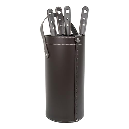 LIMAC Design CIARY - Juego de hierros de chimenea con mango de cuero, bolsa portaobjetos moderna de cuero, herramientas de chimenea, bolsa para hierros, fabricada en Italia, marrón oscuro