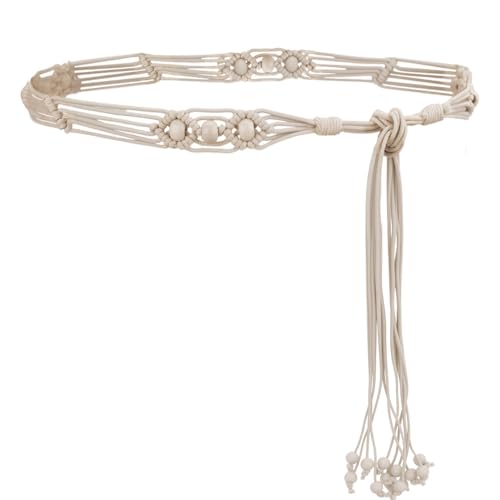 Vintage Western Belts Braided Woven Rope Belt with Tassel Boho Beaded Tie Belt Waistband for Womens Dress Jeans
