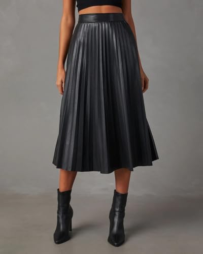 THLAI Womens Pleated Skirt Black Midi Skirt Elastic Waist A-Line Skirt Pleated Flowy Long Skirts Fall Skirt4