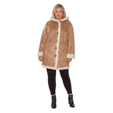 INTL d.e.t.a.i.l.s Women's Plus Size Hooded Faux Shearling Coat, Camel, 1X Cover