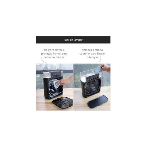 Climatizador e Ventilador Portátil LED, Preto, 10W, 500ml, com 3 Velocidades, Silencioso, 15,8×7,5x23cm, Bivolt