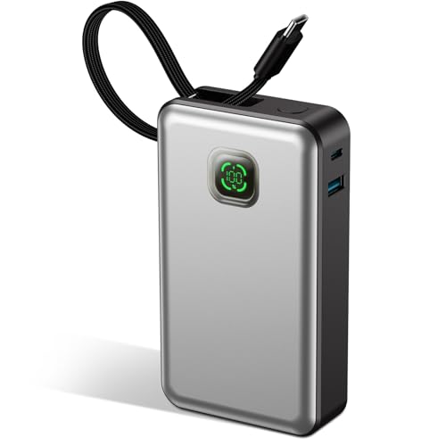 Portable Charger Power Bank 20 000mAh PD 45W Fast Charging External Battery Pack with Built-in USB-C Cable Travel Phone Charger with USB-C&A Output for iPhone 17 16 15 Ipad Samsung (Silver)