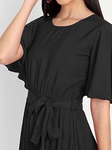 Image of KUDUZO Women's Crepe Long Pleated Below Knee Length Flutter Sleeve Round Neck S to XL Maxi Dress for Girls. (EG-U0IM-B9A1)