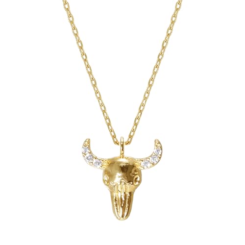Western Bull Skull Pendant Necklace - MUSTHAVE 18K Gold Plated Texas Cubic Bull's Head Necklace, Rustic Charm, CZ Horns, Boho Layering Jewelry, Lucky Cow Skull Necklace for Women, 16+2 inch Extender, Message Card, Unisex (Yellow Gold)2