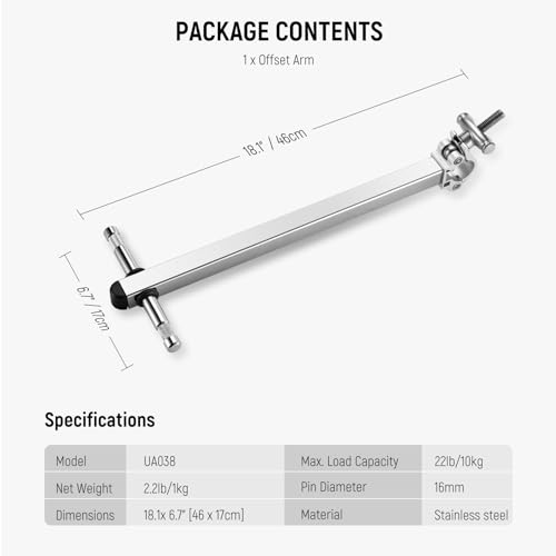 Image of NEEWER Offset Arm with Clamp & Dual 5 /8 inch Baby Pins for LED Video Light Studio Flash, 1.5ft /46cm Stainless Steel Boom Grip Arm for o1.2-1.4 inch Center Column Photography Light Stand, Max Load 22lb, UA038