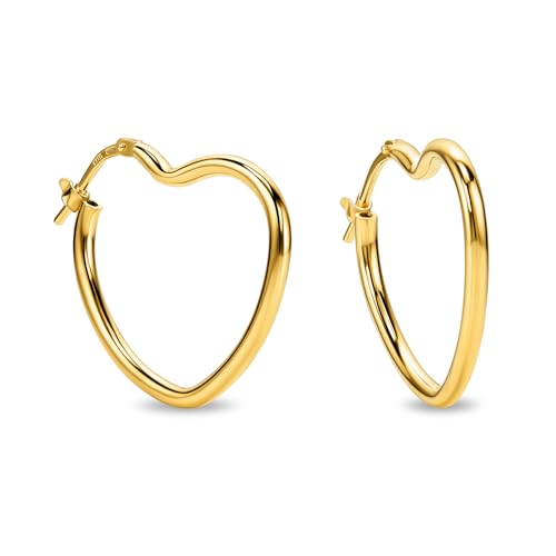 Miore Pendientes Mujer de Plata de Ley 925 Bañados en Oro de 18K 750, Aros de Oro con Textura de Corazón de 24 mm, Hechos a Mano en Italia, Joyas Dorados con Joyero