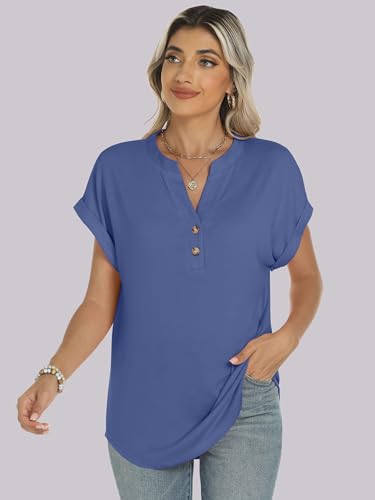 ANRABESS Womens Short Sleeve Henley Tops V Neck Dressy Casual Blouses Summer Trendy Tee Shirts 2025 Vacation Fashion Clothes Blue XX-Large - 7