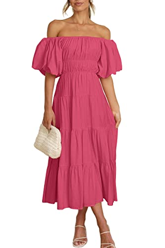 LILLUSORY Off The Shoulder Dresses for Women 2023 Spring Puff Sleeve Summer Flowy Smocked Dress