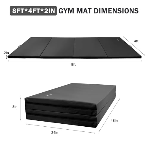 Folding Exercise Gymnastics Mat 4'x​8'x2" Gym Workout Mat with Carrying Handles High-Density Anti-Tear Portable Fitness Aerobics Mats for Home Gym Yoga Pilates Tumbling MMA Core Training, Multiple Colors2