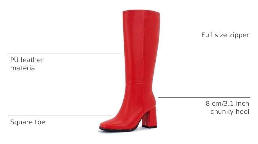 Image of Knee High Boots for Women - Wide Calf Boots with Zipper, Square Toe Tall Leather Boots, Chunky Heel Fashion Long Boots