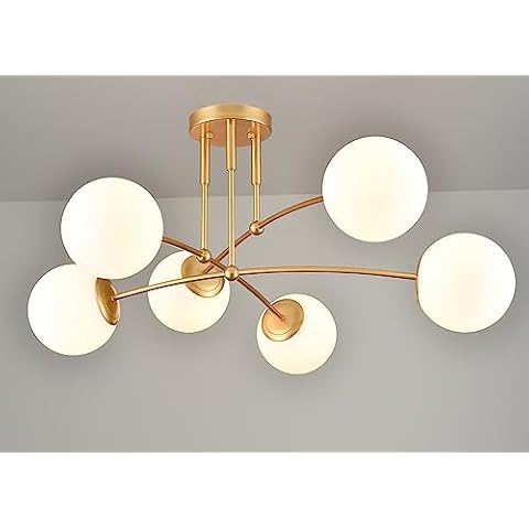 CLAXY Mid Century Gold Ceiling Light Semi Flush Mount Opal Globe Chandelier 6-Light Ceiling Chandelier for Bedroom Living Room Cover