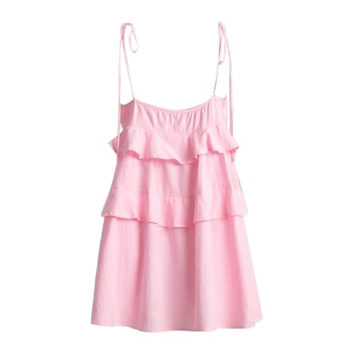 Women's Casual Dress V-Neck Lace Hollow Out Short Sleeve Ruffled Summer Cake Skirt for Everyday and Vacation (M) Pink4