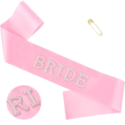 Pink Satin Bride Sash with White Pearl Letters - Bachelorette Party, Bridal Shower & Wedding