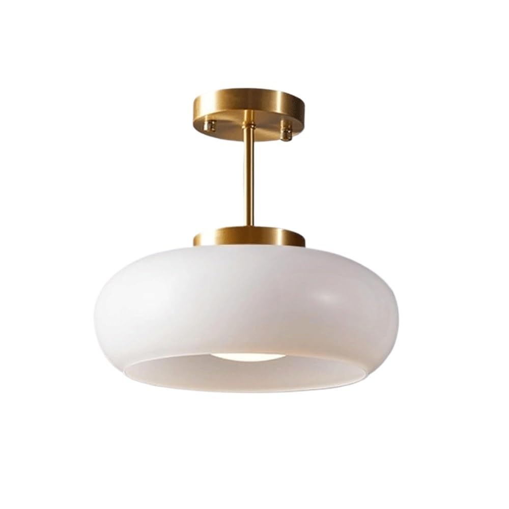 MESOVFCA Modern 11.0-Inch Semi Flush Mount Ceiling Light, White Glass Globe Dome Shade, Gold Brass Metal Stem Hanging Lamp for Bedroom Hallway Study E26 Base