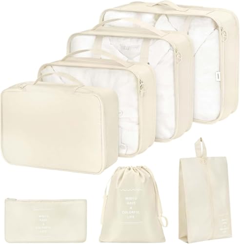 Image of Nylon 7 Pcs Travel Organizer Pouch Packing Cubes For Travel Clothes Space Savers Bags Cosmetics /Underwear /Socks /Shoes Toiletry Organiser Pouch (Beige)