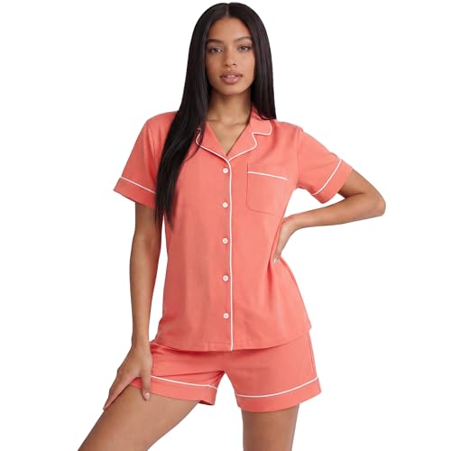 Image of HEARTNICE Pajamas for Women, Button Down Pajama Shorts Set Summer Solid Pjs Sets