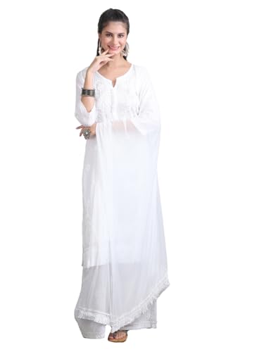 Image of Women's Lucknowi Chikankari Handwork Cotton Kurti, Palazzo and Dupatta Set