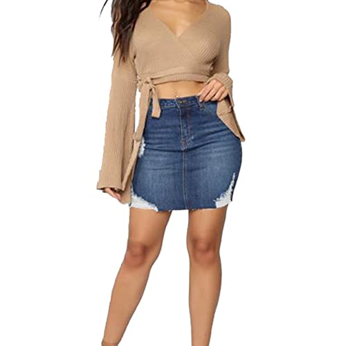 Women's Denim Skirt Women's Ripped Package Hip Skirt Denim Stretch Skirt Summer
