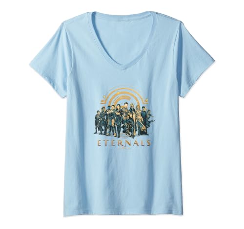 T-shirt femme Marvel Eternals col V avec illustration poster de groupe minimaliste